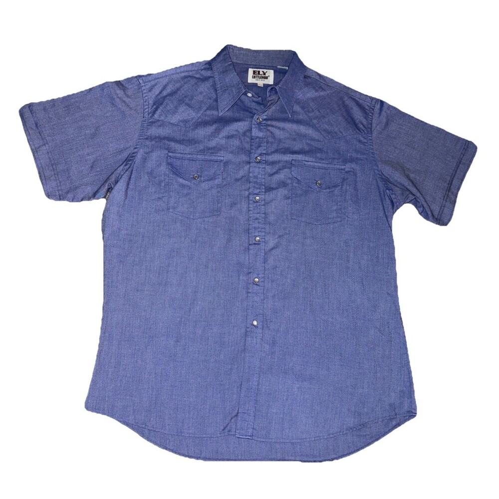 Ely Cattleman XL Blue Western Snap Pearl Button Up Short Sleeve Shirt Sz 17.5
